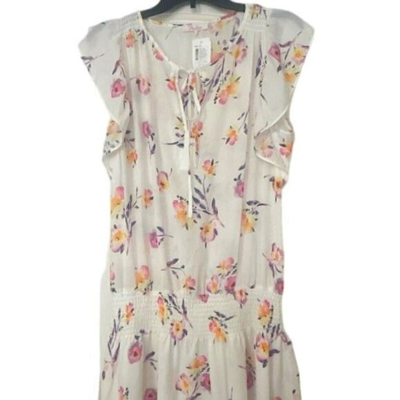 PARKER NWT White Floral Smocked Waist Flutter Sleeve  Mini Dress Large Whimsy - Picture 3 of 12